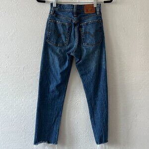 Levis 501 Jeans Womens 24 Blue Cropped Frayed Button Fly High Rise Stretch 26x24